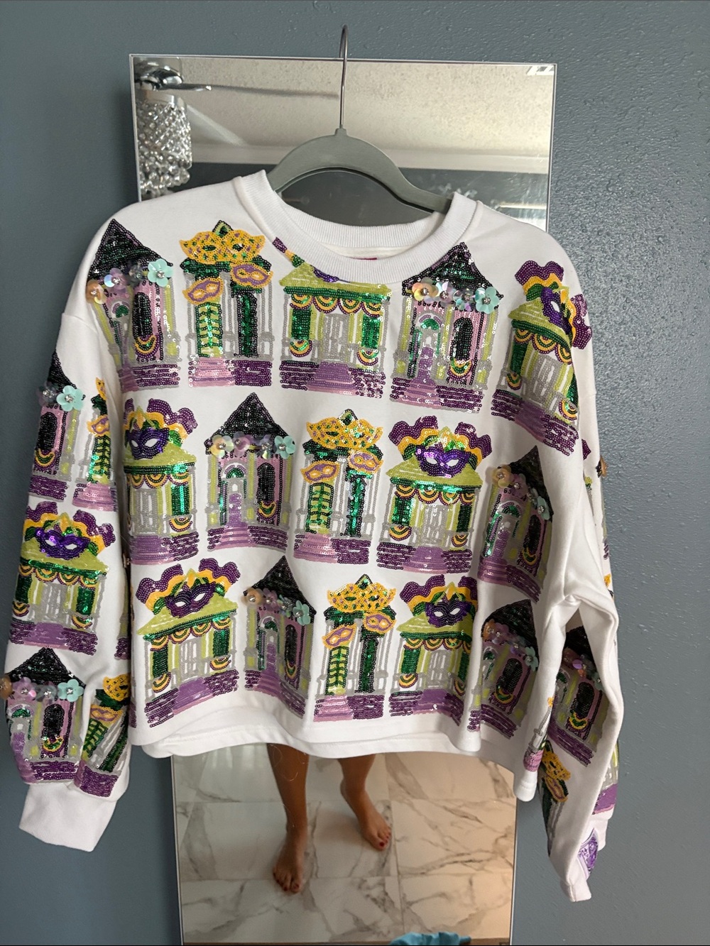 QUEEN OF SPARKLES White Sequin Mardi Gras Crewneck Sweatshirt